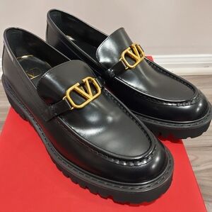 Valentino Vlogo Signature Loafer Black With Gold Buckle- Womens Size 11 US/41